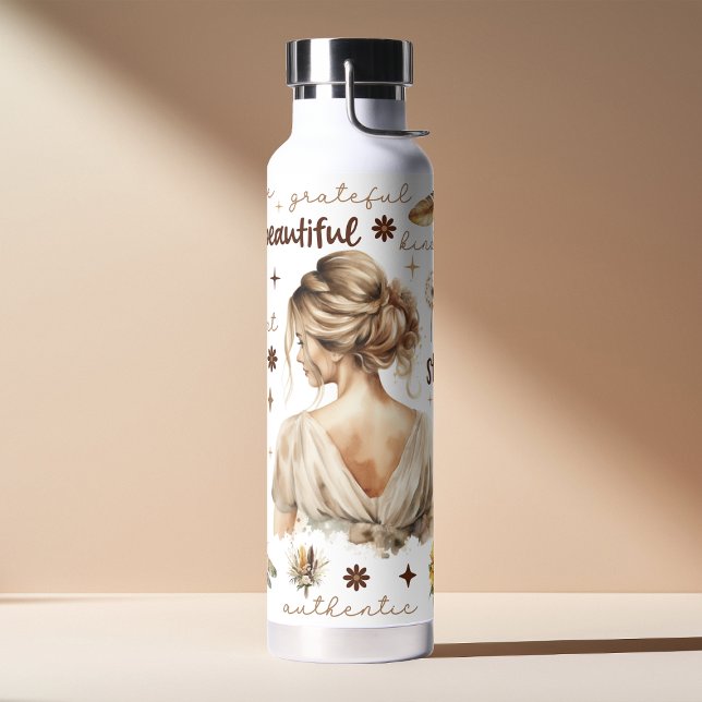 Bouteille D'eau Aquarelle Femme Avec Coiffure Blonde Affirmation B (Créateur téléchargé)