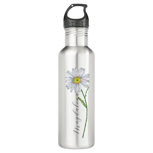 Bouteille D'eau Aquarelle Fleur sauvage Daisy Nom élégant du scrip (Devant)