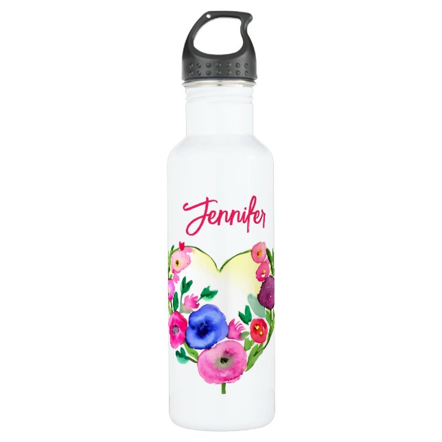 Bouteille D'eau Aquarelle fleurie personnalisée bleu (Devant)