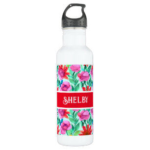 Bouteille D'eau Aquarelle Fleurs en Turquoise, rouge et rose