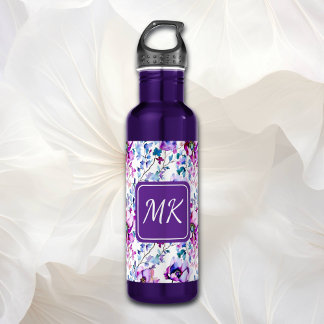 Bouteille D'eau Aquarelle florale violet Monogramme