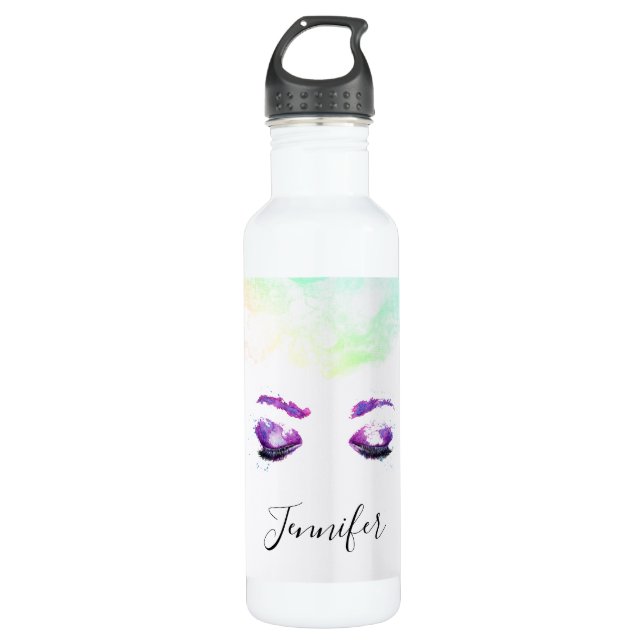 Bouteille D'eau Aquarelle glamour aux yeux et aux bouillons pourpr (Devant)
