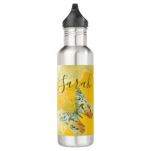 Bouteille D'eau Aquarelle jaune Monogramme Nom Tie Dye Papillon