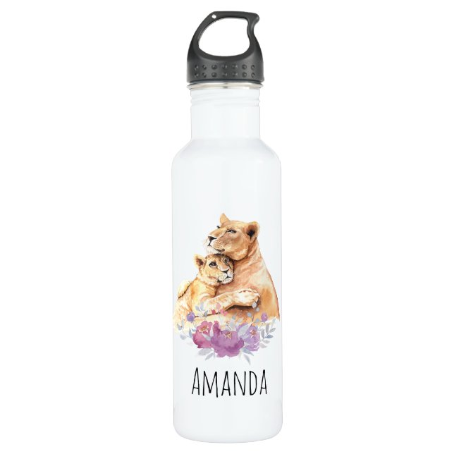 Bouteille D'eau Aquarelle mignonne Mère Lion & Cub (Devant)