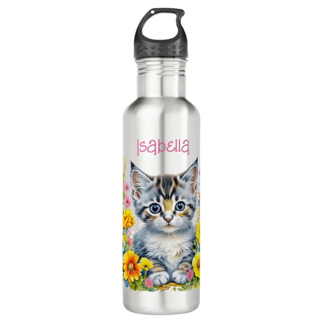 Bouteille D'eau Aquarelle personnalisée en gris chaton et fleurs (Devant)