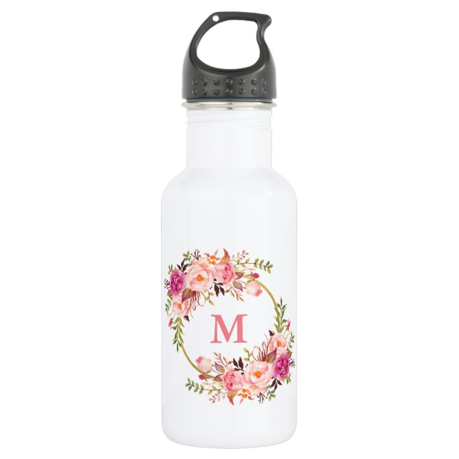 Bouteille D'eau Aquarelle rose Floral or Monogramme (Devant)