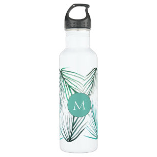 Bouteille D'eau Aquarelle verte de palme tropicale feuilles Monogr
