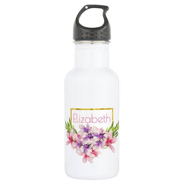 Bouteille D'eau Aquarelle violet et rose Magnolia Personnalisé (Devant)