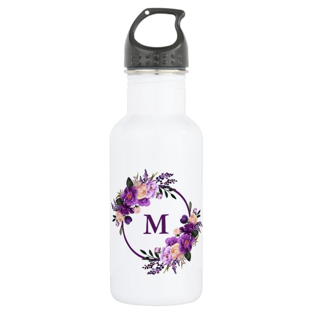 Bouteille D'eau Aquarelle violet Ultra Violet Floral Monogramme (Devant)