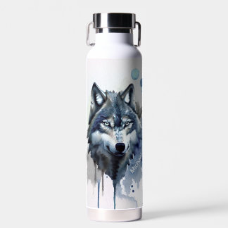 Bouteille D'eau Aquarelle Wolf Head Dusty Blue Monogramme