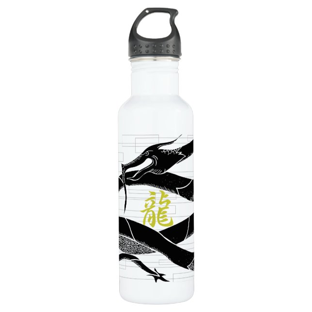 Bouteille D'eau Arrière - plan japonais noir de blanc de dragon (Devant)
