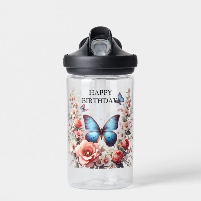 Bouteille D'eau Art floral papillon bleu personnalisable-96279 (Avant)