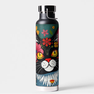 Bouteille D'eau Art populaire noir et blanc Chat et fleurs Whimsic