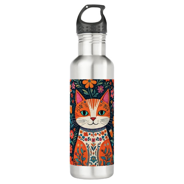 Bouteille D'eau Art populaire Whimsical Chat et Fleurs (Devant)