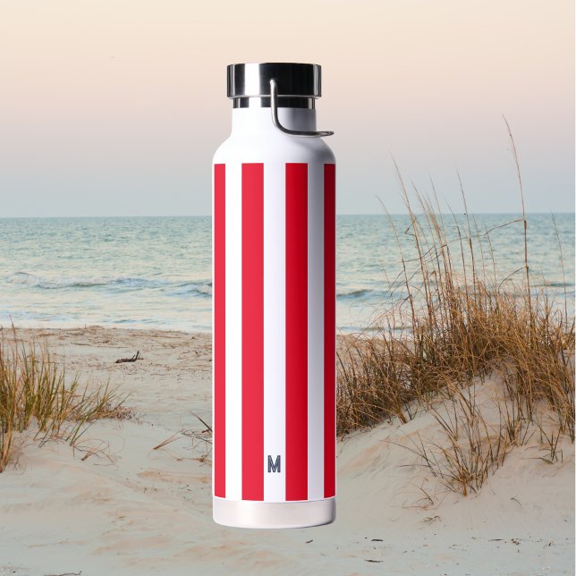 Bouteille D'eau Bande de cabane rouge et monogramme de marine pers (Créateur téléchargé)