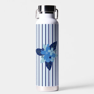 Bouteille D'eau Bandes florales élégantes personnalisées bleu mono