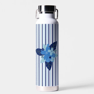 Bouteille D'eau Bandes florales élégantes personnalisées bleu mono