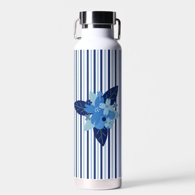 Bouteille D'eau Bandes florales élégantes personnalisées bleu mono (Avant)