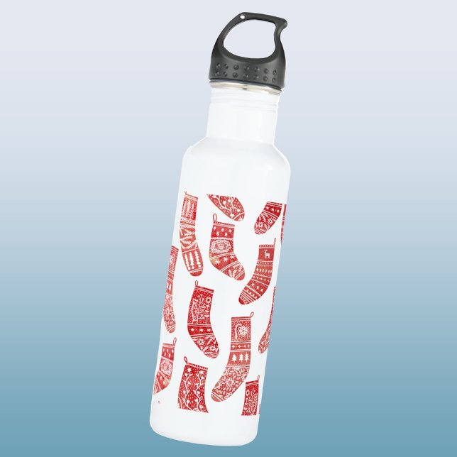 Bouteille D'eau Bas nordiques Rouge Blanc (Nordic Stockings red and white Scandinavian festive Christmas pattern water bottle)