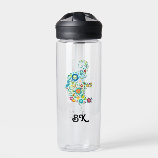 Bouteille D'eau Beau éléphant floral avec monogramme personnalisé (Extérieur)