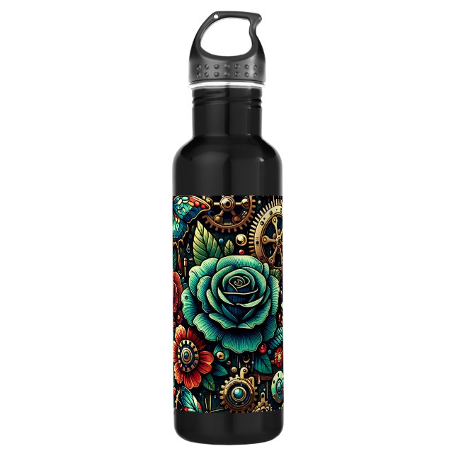Bouteille D'eau Beau Steampunk Gears à thème et Roses (Devant)