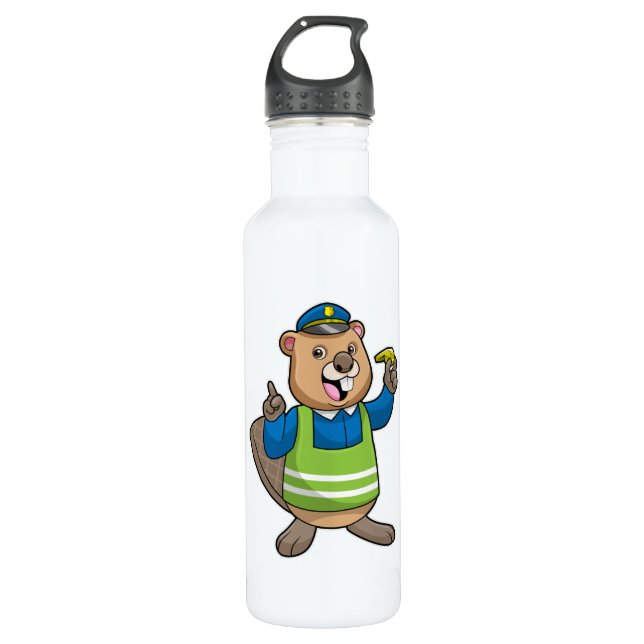 Bouteille D'eau Beaver en tant qu'agent de police avec sifflet (Devant)
