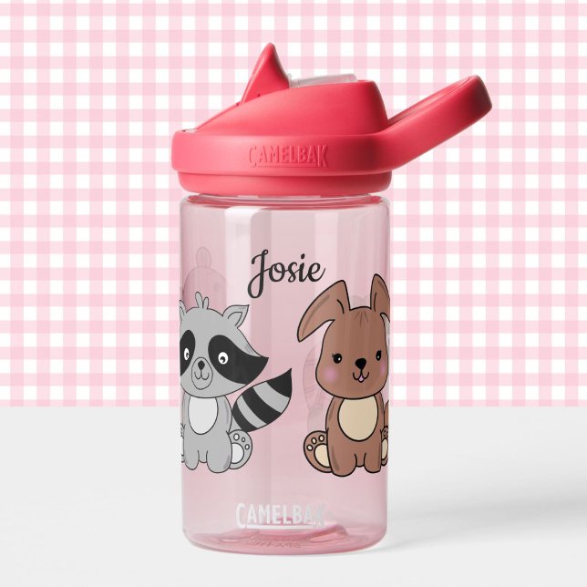 Bouteille D'eau Bébé Animaux Ajouter le nom de l'enfant rose (Créateur téléchargé)