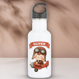 Bouteille D'eau Bébé Aviateur rêveur dans un biplan rouge