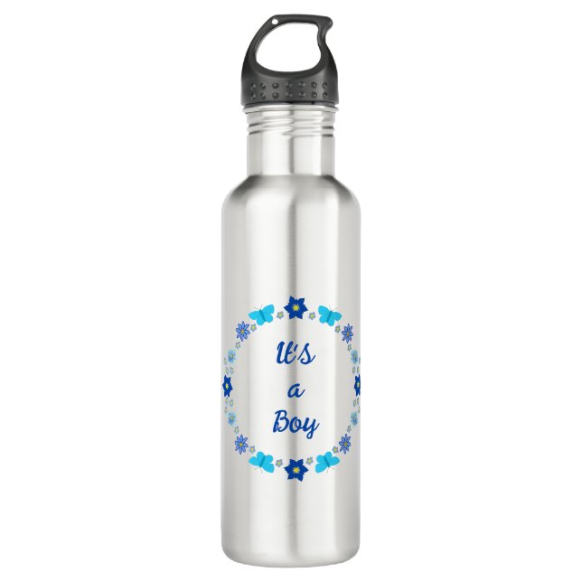 Bouteille D'eau Bébé bleu Papillons et fleurs personnalisés (Devant)