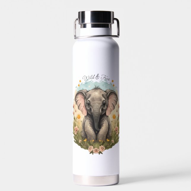 Bouteille D'eau Bébé mignon Eléphant Calf Fleur sauvage Wanderlust (Arrière)