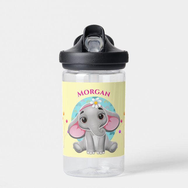 Bouteille D'eau Bébé mignon éléphant, nom de l'enfant (Avant)