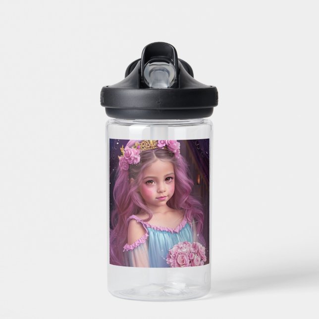 Bouteille D'eau Belle fille personnalisée avec des fleurs roses (Avant)