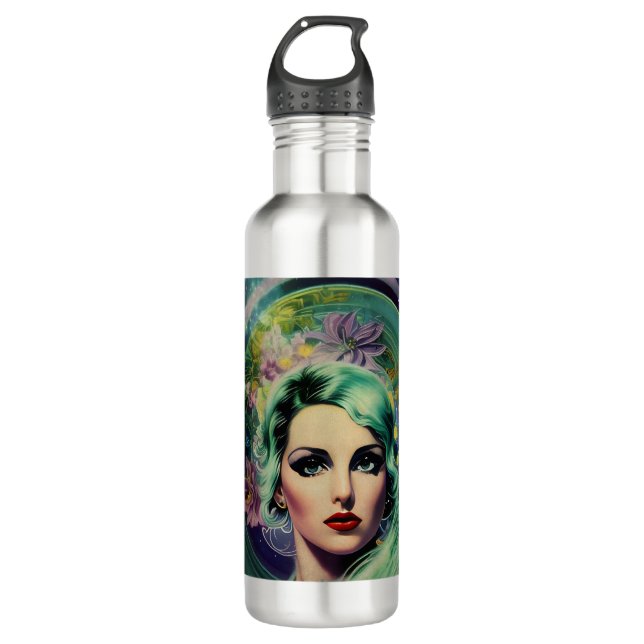 Bouteille D'eau Belle Lavande & Green Retro Style Space Woman (Devant)