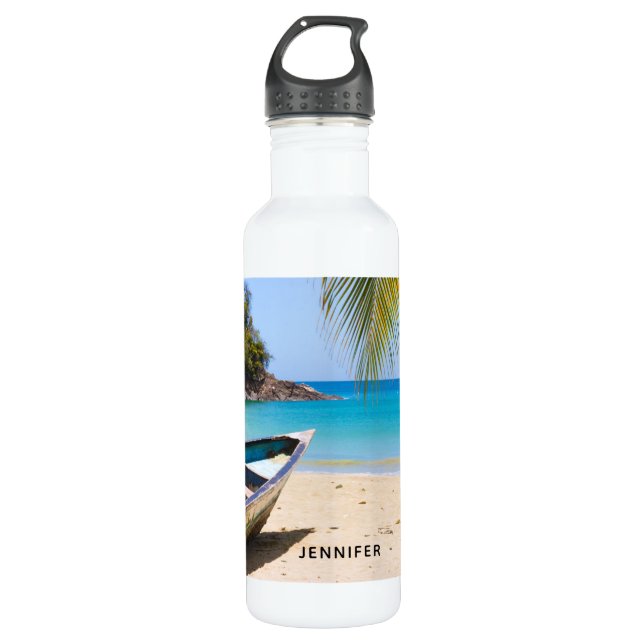 Bouteille D'eau Belle plage tropicale avec bateau à rames (Devant)