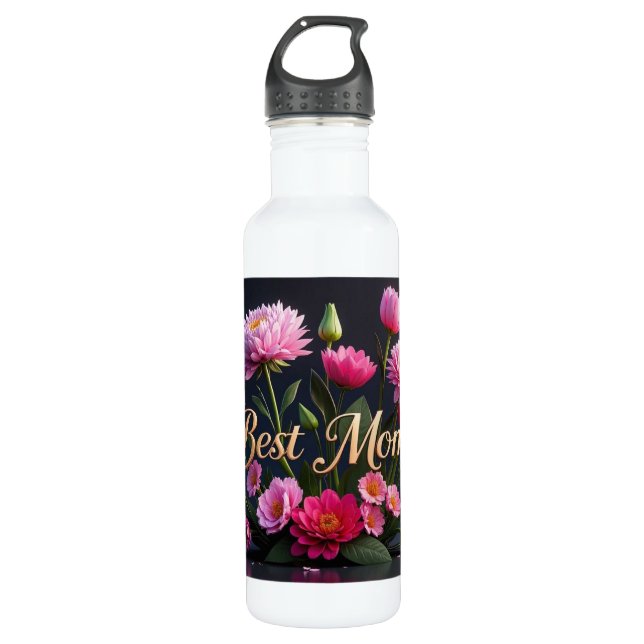 Bouteille D'eau Belles fleurs roses Meilleur Bouquet de maman jama (Devant)