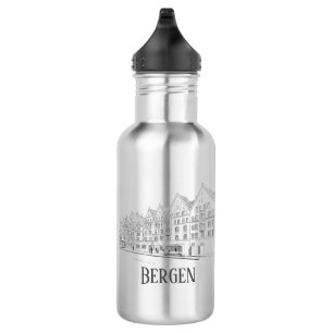 Bouteille D'eau Bergen Norvège Paysage Urbain Dessin au Trait Beau