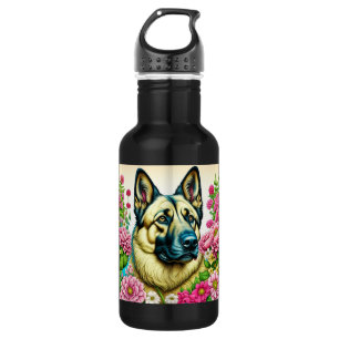 Bouteille D'eau Berger allemand personnalisé et fleurs lunaires