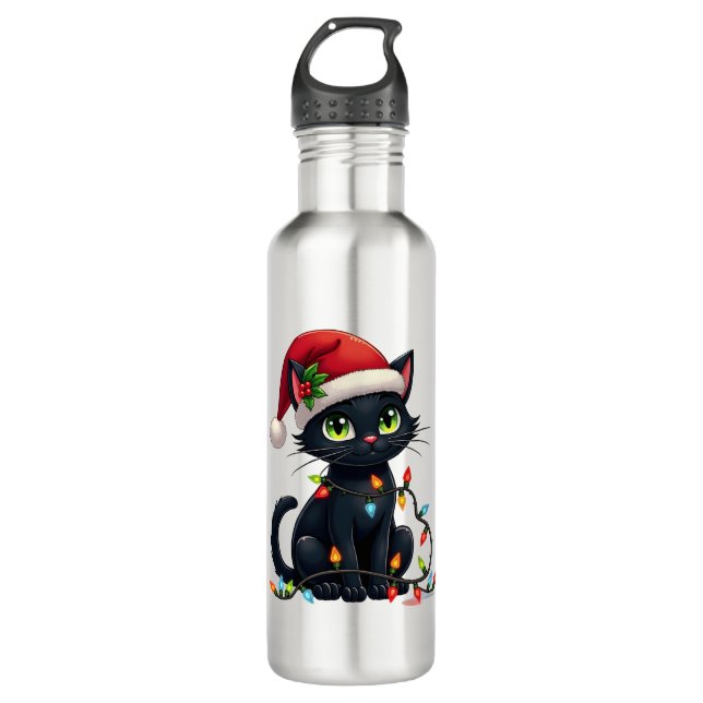 Bouteille D'eau Black Cat Christmas Lights Santa Hat Funny Xmas Ca (Devant)
