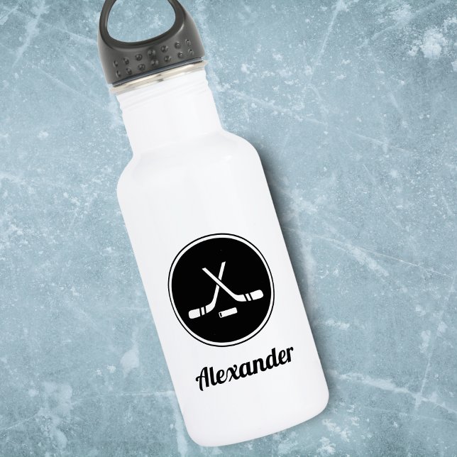 Bouteille D'eau Black & White Hockey Design Boys Nom Winter Sport (Créateur téléchargé)