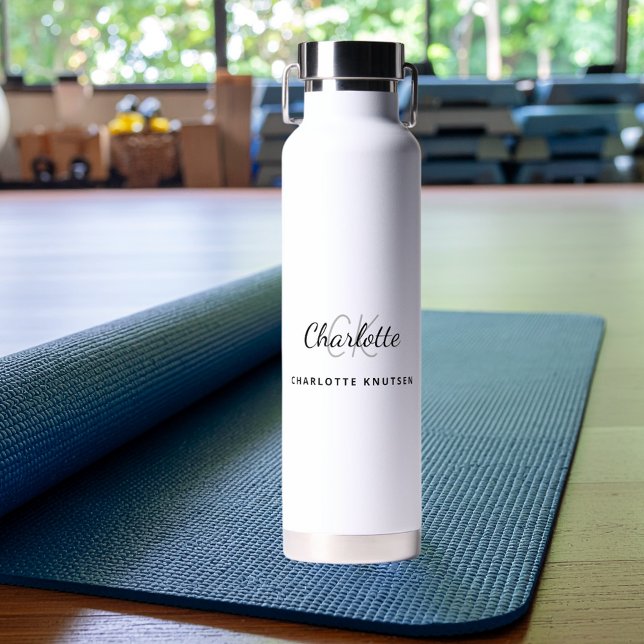 Bouteille D'eau Blanc noir monogramme initiales nom simple (Créateur téléchargé)