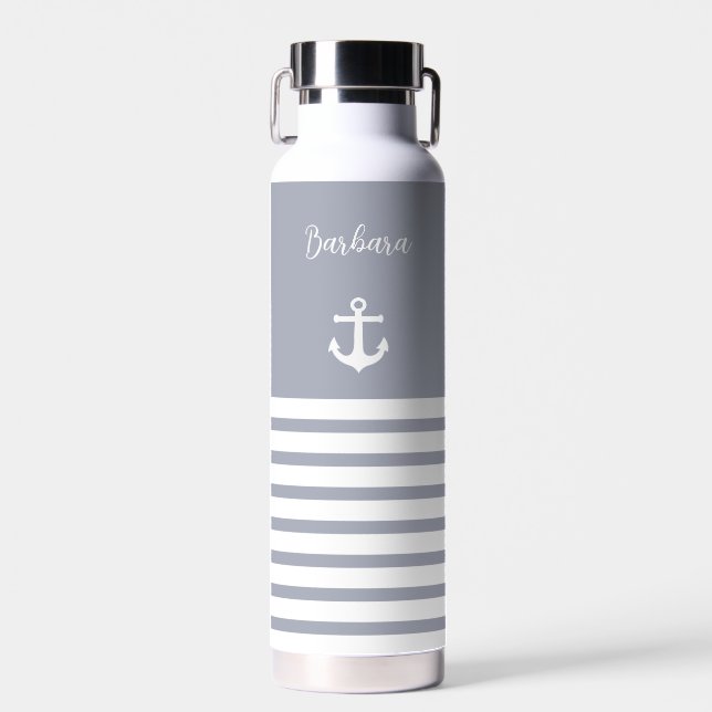 Bouteille D'eau Bleu Dusty et Blancs Nautique Personnalisé (Avant)