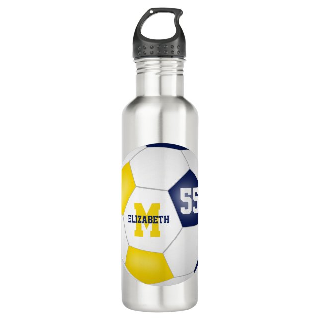 Bouteille D'eau bleu or soccer fille garçon école couleurs (Devant)
