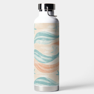 BOUTEILLE D'EAU BLEU PASTEL & CORAIL VAGUES ET COQUILLAGES D'ÉTÉ