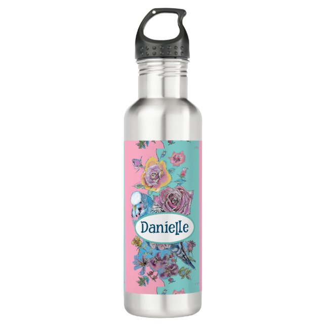Bouteille D'eau Blue Budgie Bird Rose Floral Pink Aqua Girls Name (Devant)