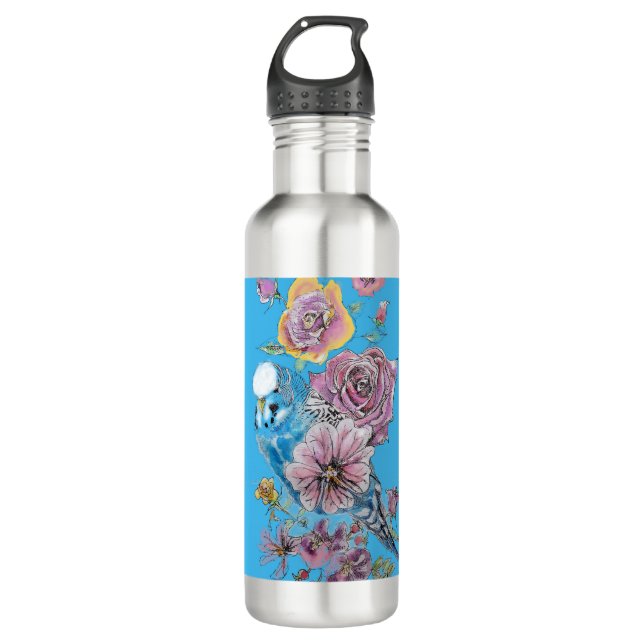 Bouteille D'eau Blue Budgie Budgerigar Rose aquarelle art floral (Devant)