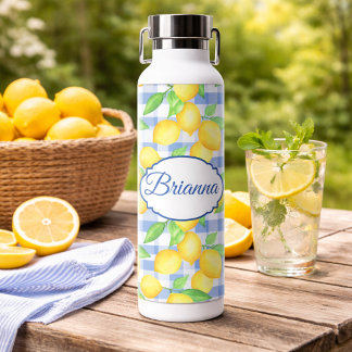 Bouteille D'eau Blue Gingham Lemon Name Picnic Style 