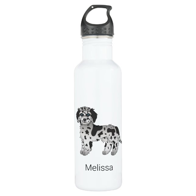 Bouteille D'eau Blue Merle Mini Goldendoodle Dessin Chien & Nom (Devant)