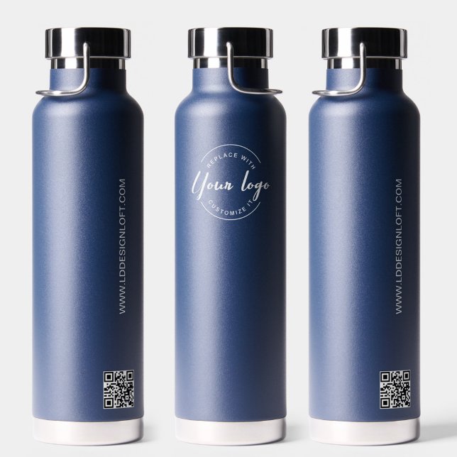 Bouteille D'eau Blue Modern Promo Custom Logo site web QR code (Navy blue water bottle minimalist, custom logo, QR code and website.)