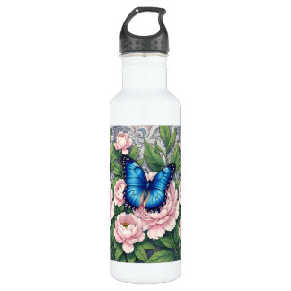 Bouteille D'eau Blue Morpho Butterfly With Peonies Floral Art