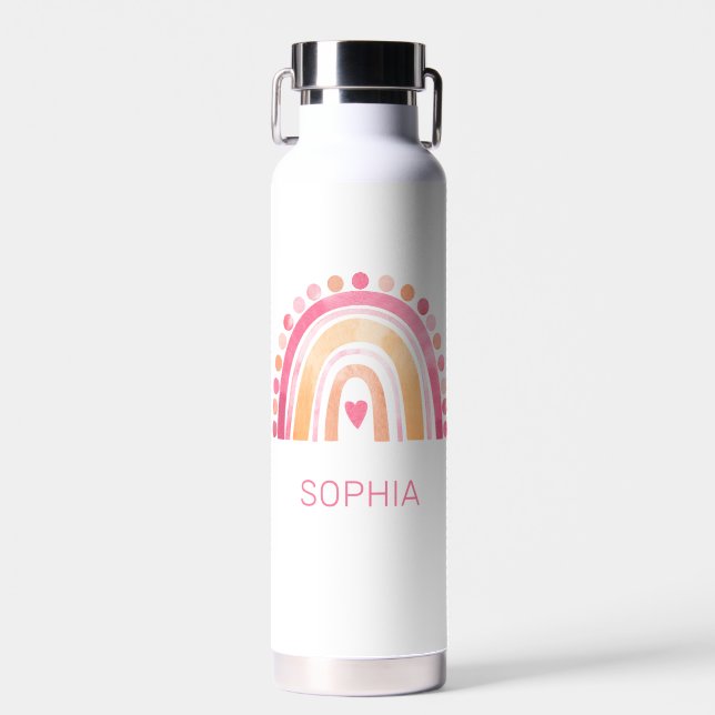 Bouteille D'eau Boho Aquarelle arc-en-ciel en rose personnalisée (Avant)
